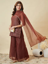 Coffee Silk Embroidered Palazzo Suit with Dupatta
