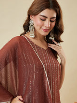 Coffee Silk Embroidered Palazzo Suit with Dupatta