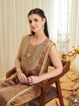 Golden Embroidered Sheer Silk Kurta Set