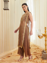 Golden Embroidered Sheer Silk Kurta Set