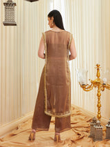 Golden Embroidered Sheer Silk Kurta Set