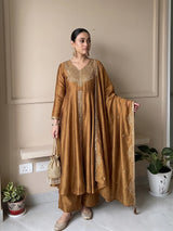 Golden Silk Embroidered Anarkali Suit Set with Dupatta