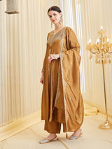 Golden Silk Embroidered Anarkali Suit Set with Dupatta