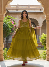 Green Embroidered Tiered Anarkali Kurta with Dupatta Set