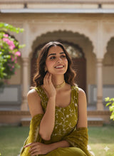 Green Embroidered Tiered Anarkali Kurta with Dupatta Set