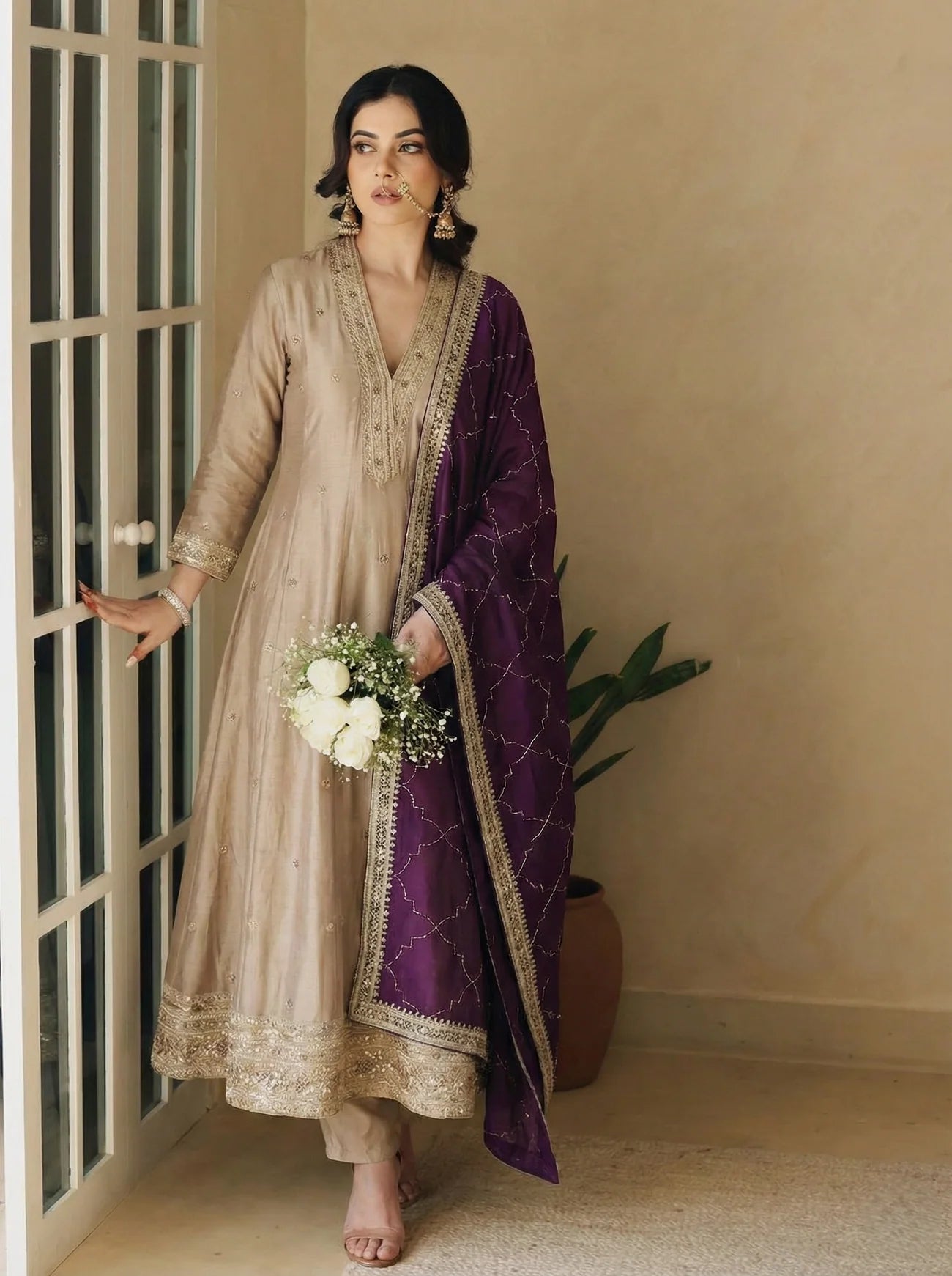 Grey Embroidered Silk Anarkali Kurta With Purple Dupatta Set