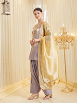 Lavender Silk Embroidered Straight Kurta Palazzo Set with Dupatta For Women
