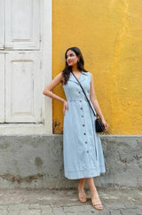 Light Blue Sleeveless Denim Midi Dress with Belt for Women