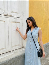 Light Blue Sleeveless Denim Midi Dress with Belt for Women