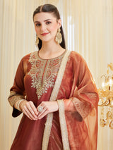 Maroon Silk Embroidered Farshi Palazzo Set With Dupatta For Women