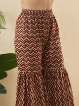 Trendy Coffee Cotton Printed Kurta Palazzo Set With Contrast Dupatta For Women
