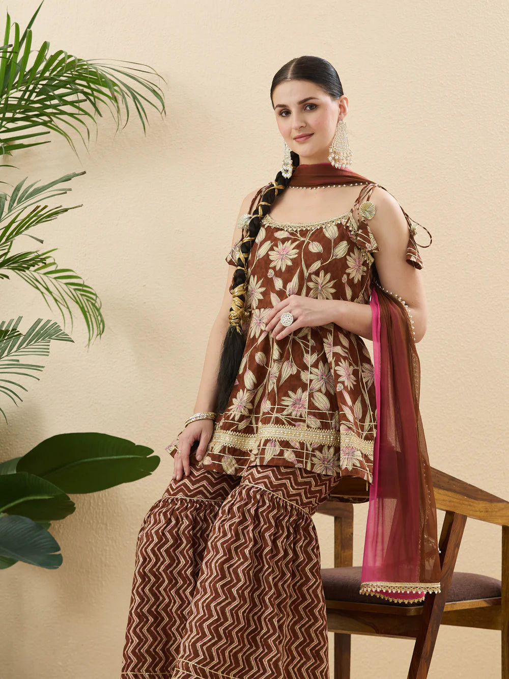 Trendy Coffee Cotton Printed Kurta Palazzo Set With Contrast Dupatta For Women
