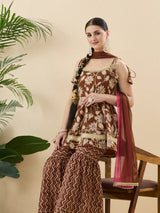 Trendy Coffee Cotton Printed Kurta Palazzo Set With Contrast Dupatta For Women