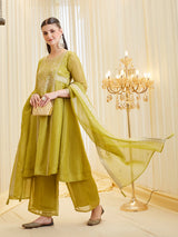 Neon Silk Zari Embroidered Anarkali Palazzo With Dupatta Set For Women