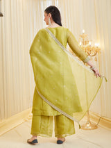 Neon Silk Zari Embroidered Anarkali Palazzo With Dupatta Set For Women