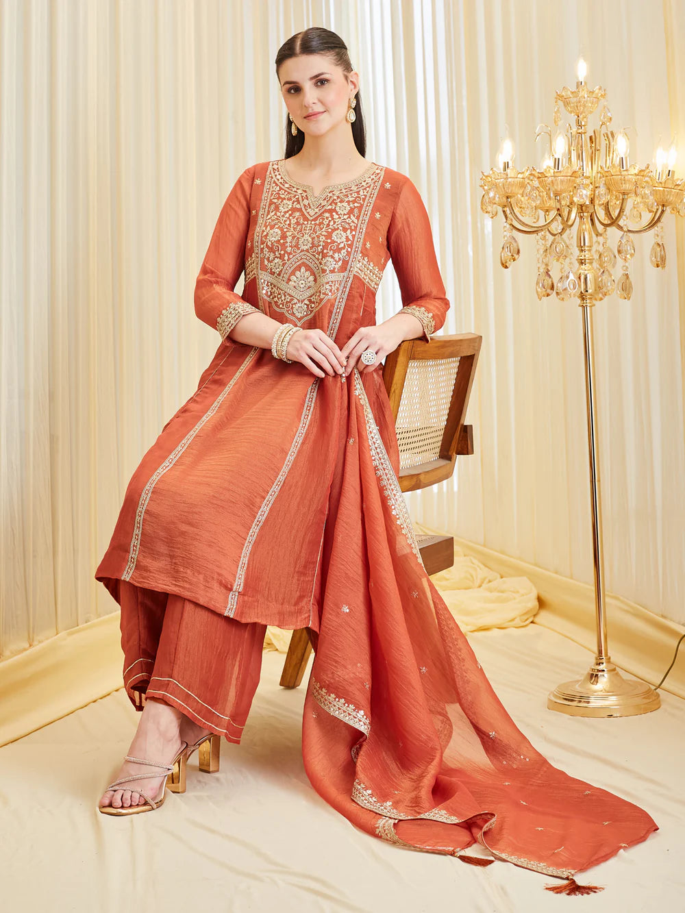 Orange Silk Zari Embroidered Anarkali Palazzo With Dupatta Set For Women
