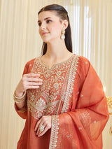 Orange Silk Zari Embroidered Anarkali Palazzo With Dupatta Set For Women