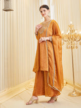Orange Silk Embroidered Anarkali Style Kurta Set With Dupatta For Women