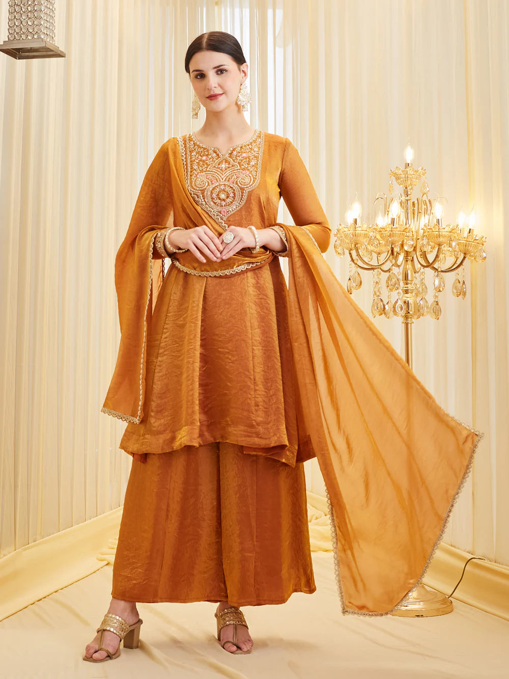 Orange Silk Embroidered Anarkali Style Kurta Set With Dupatta For Women