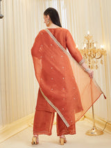 Orange Silk Zari Embroidered Anarkali Palazzo With Dupatta Set For Women