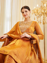 Orange Silk Embroidered Anarkali Style Kurta Set With Dupatta For Women
