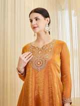 Orange Silk Embroidered Anarkali Style Kurta Set With Dupatta For Women