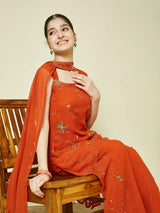 Orange Georgette Embroidered Kurta Palazzo & Dupatta Set for Girls