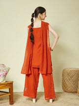 Orange Georgette Embroidered Kurta Palazzo & Dupatta Set for Girls