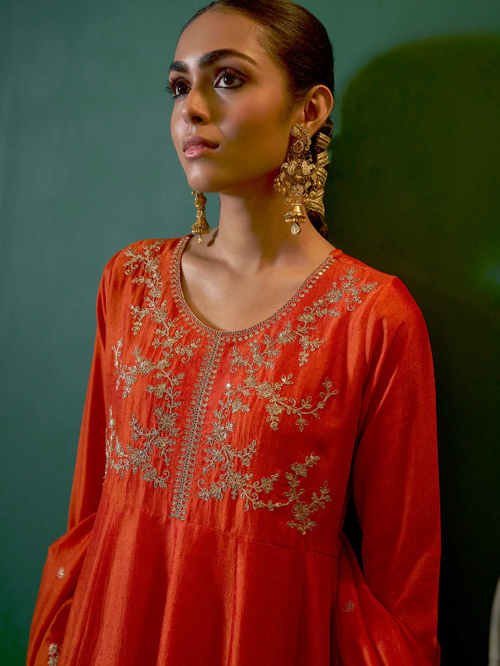 Orange Silk Embroidered Anarkali Kurta And Dupatta Set