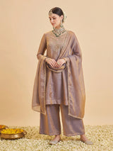 Purple Silk Embroidered Anarkali Style Kurta Set With Dupatta For Women