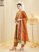 Golden Embroidered Silk Anarkali Suit Set With Dupatta for Women