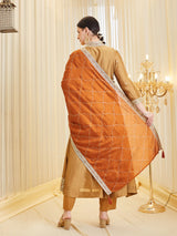 Golden Embroidered Silk Anarkali Suit Set With Dupatta for Women