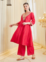 Traditional Rani Silk Embroidered Anarkali Suit Set With Dupatta For Women