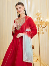 Red Silk Embroidered Anarkali Suit Set With Dupatta For Women