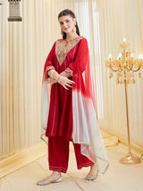 Red Silk Embroidered Anarkali Suit Set With Dupatta For Women