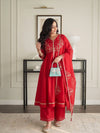 Red Silk Embroidered Anarkali Kurta Set with Dupatta for Women