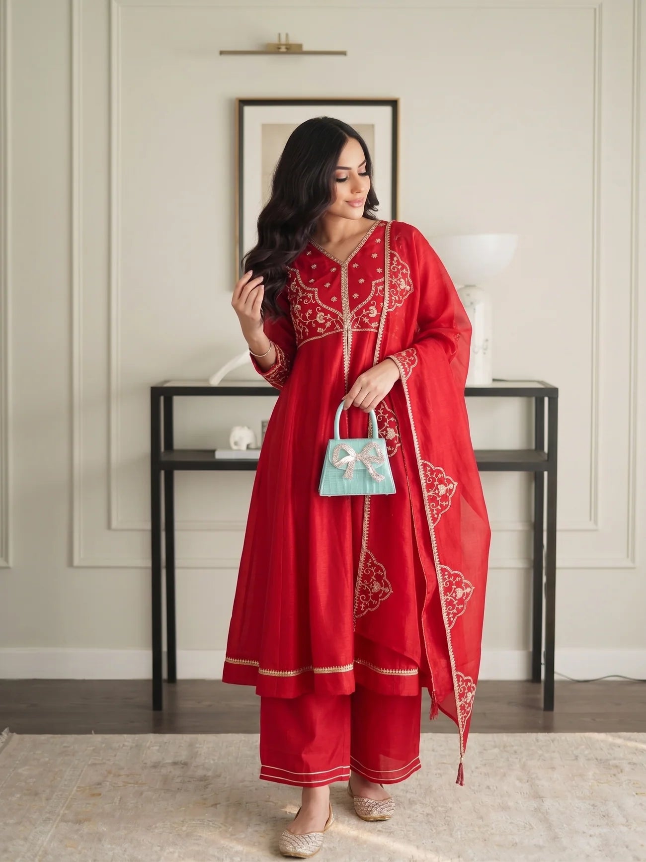 Red Silk Embroidered Anarkali Kurta Set with Dupatta for Women
