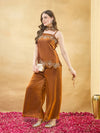 Rust Silk Embroidered Top with Palazzo Pants Set for Women