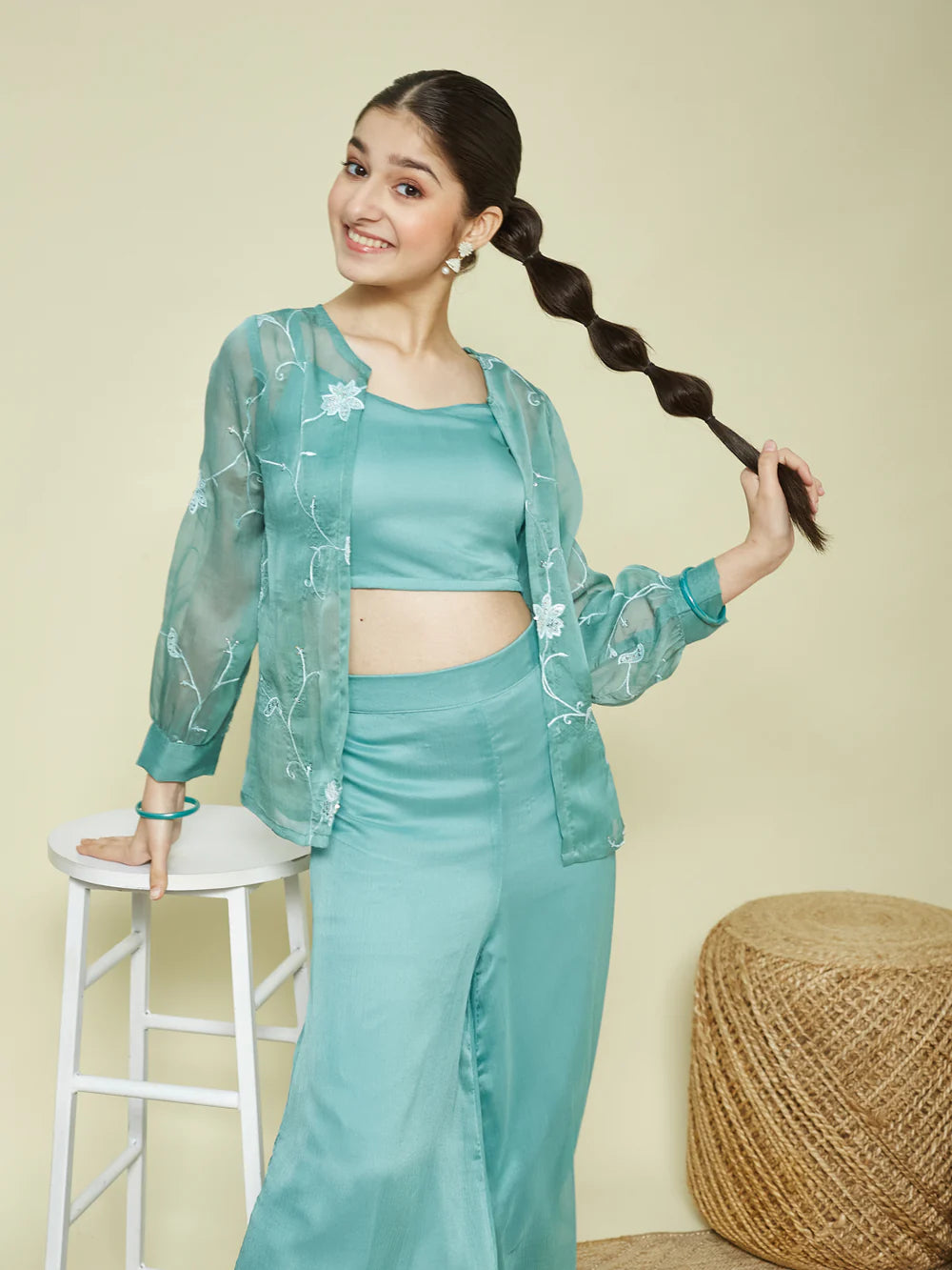 Sky Blue Chiffon Crop Top Palazzo Set with Sheer Shrug for Girls