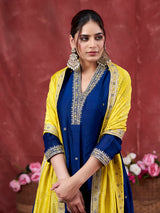 Teal Blue Embroidered Silk Anarkali Kurta With Dupatta Set