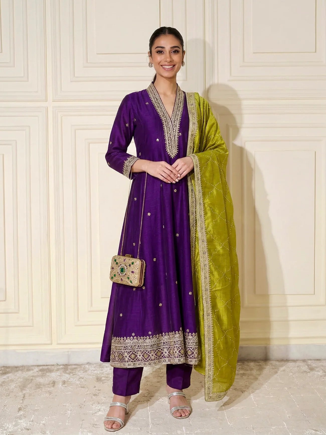 Violet Embroidered Silk Anarkali Kurta With Dupatta Set