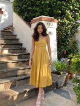 Women's Mustard Yellow Ruched Midi Dress