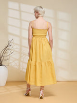 Women's Mustard Yellow Ruched Midi Dress