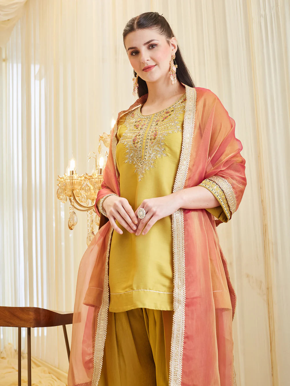 Yellow Silk Embroidered Ethic Palazzo Set With Dupatta For Women