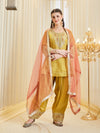 Yellow Silk Embroidered Ethic Palazzo Set With Dupatta For Women